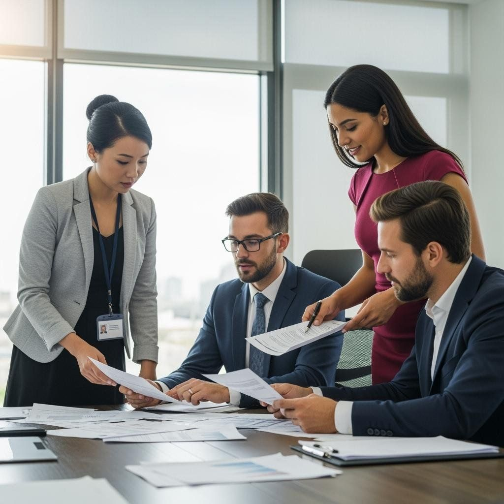 A team collaborating over business documents